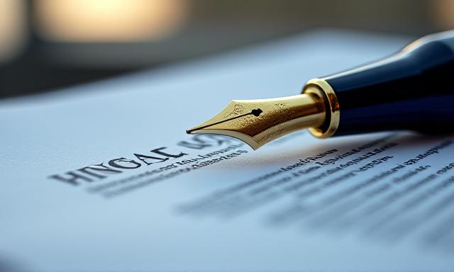 Close up of a fountain pen on a legal contract