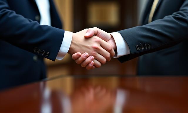 Two professionals shaking hands in a boardroom