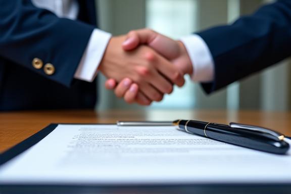Close up of legal professionals shaking hands over a commercial contract