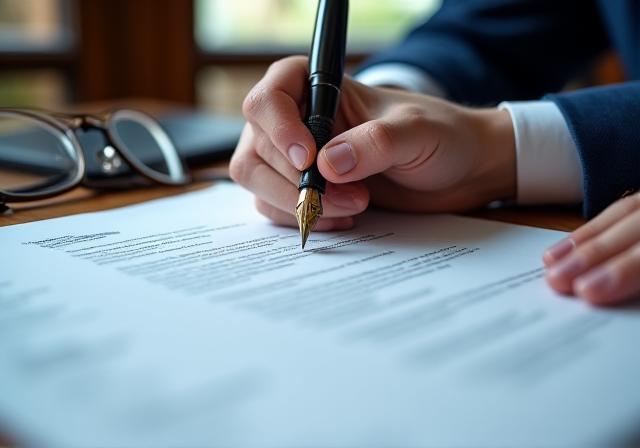 Close-up of a legal professional reviewing complex commercial documents with a focus on compliance details