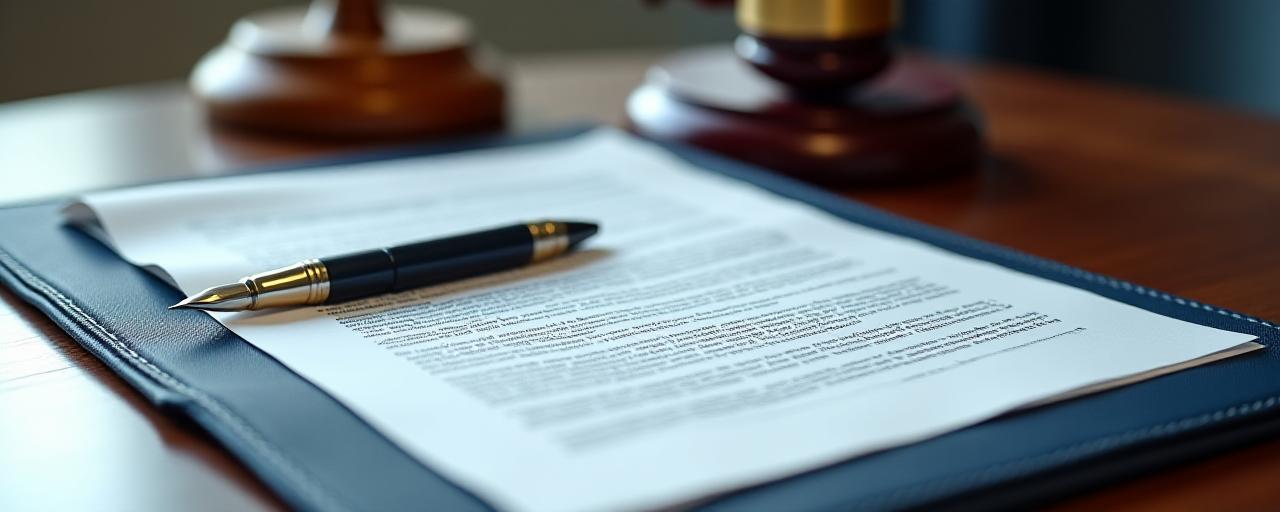 Legal gavel and contract on a wooden table, symbolizing authoritative legal service